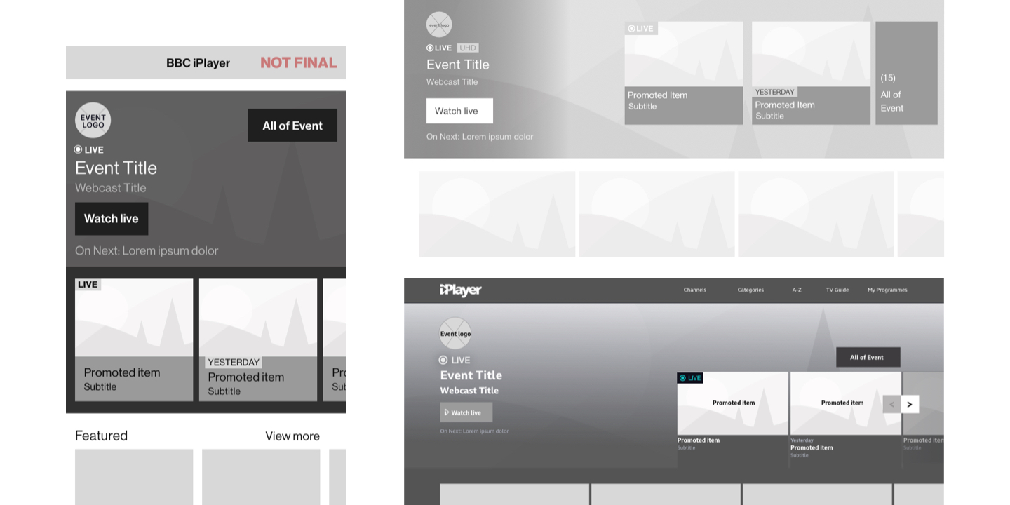 Mockups of the wireframes shown on each platform, mobile, TV and responsive web